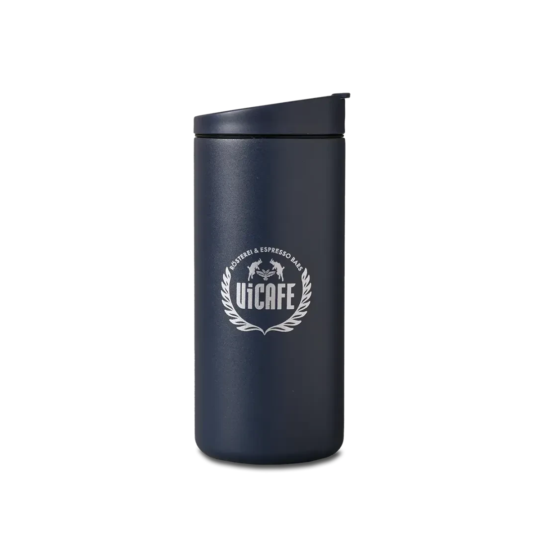 MiiR Flip Lid Traveller in Navy Blue mit ViCAFE Logo fuer Kaffee To Go