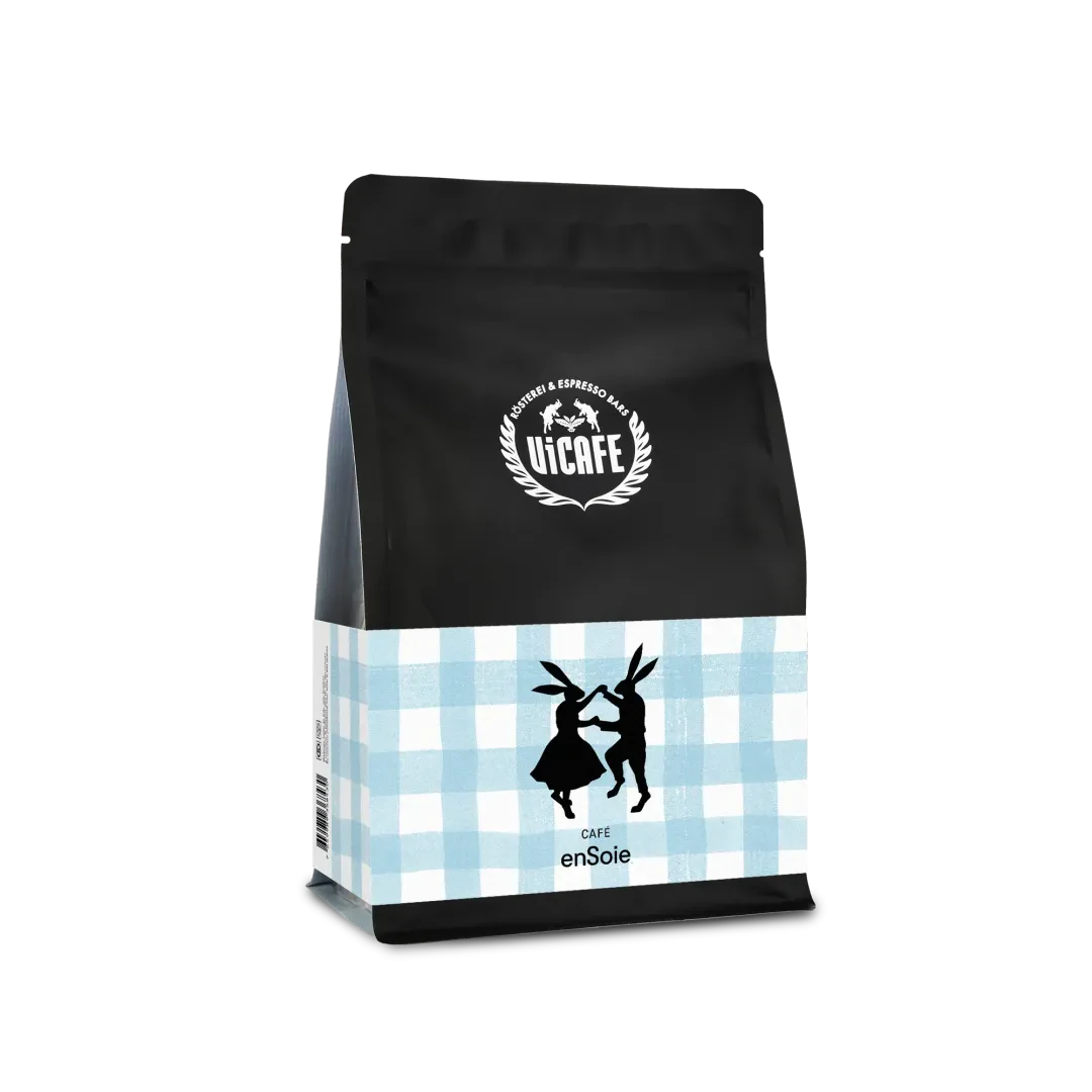 ViCAFE enSoie Mischung Spezialitätenkaffee in schwarzer Packung mit blauem Karomuster