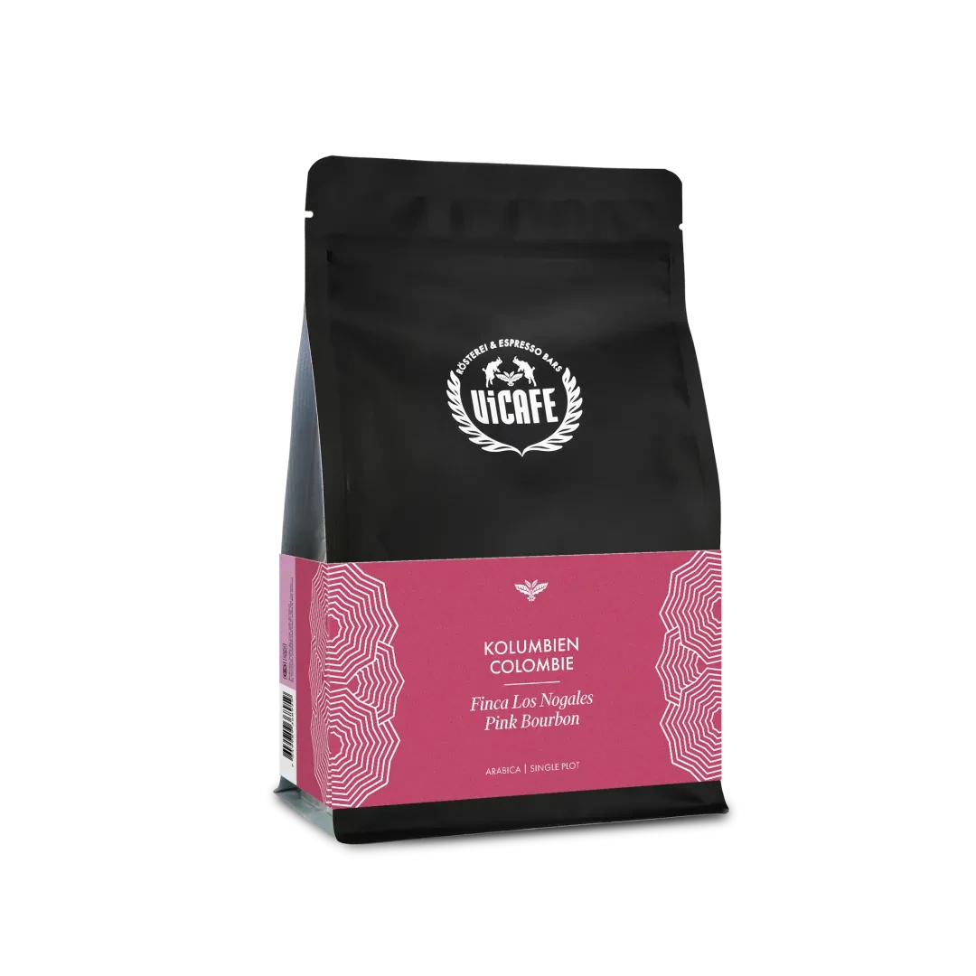 ViCAFE Kolumbien Los Nogales Pink Bourbon Spezialitätenkaffee in schwarzer Packung mit pinkem Etikett