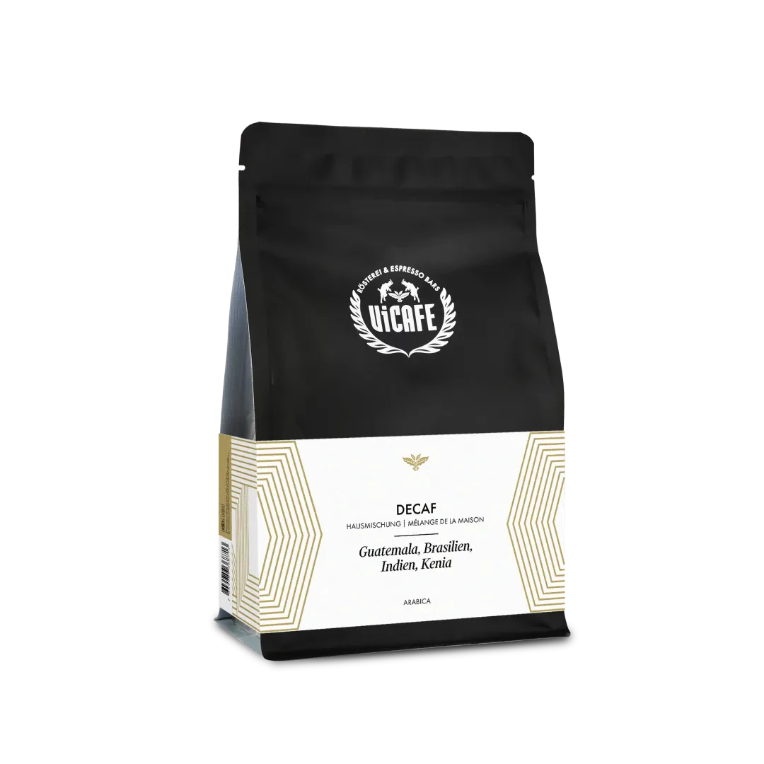 ViCAFE Hausmischung koffeinfrei Spezialitätenkaffee aus Guatemala Brasilien Indien und Kenia in schwarzer Packung