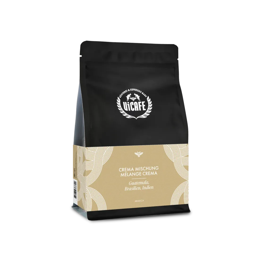 ViCAFE Crema Mischung Spezialitätenkaffee aus Guatemala Brasilien und Indien in schwarzer Packung mit beigem Etikett