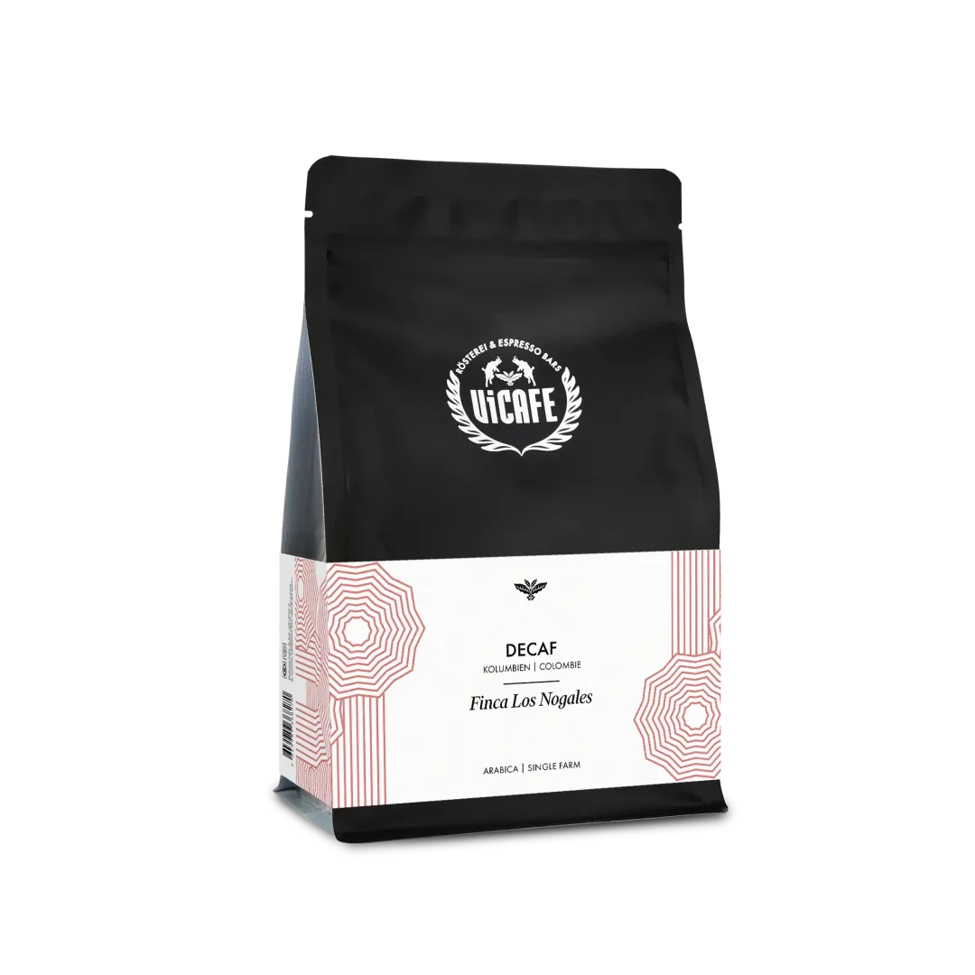 ViCAFE Kolumbien Finca Los Nogales koffeinfrei Spezialitätenkaffee in schwarzer Packung mit weissem Etikett