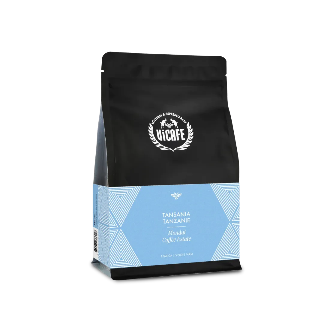 ViCAFE Tansania Mondul Coffee Estate Spezialitätenkaffee in schwarzer Packung mit blauem Etikett
