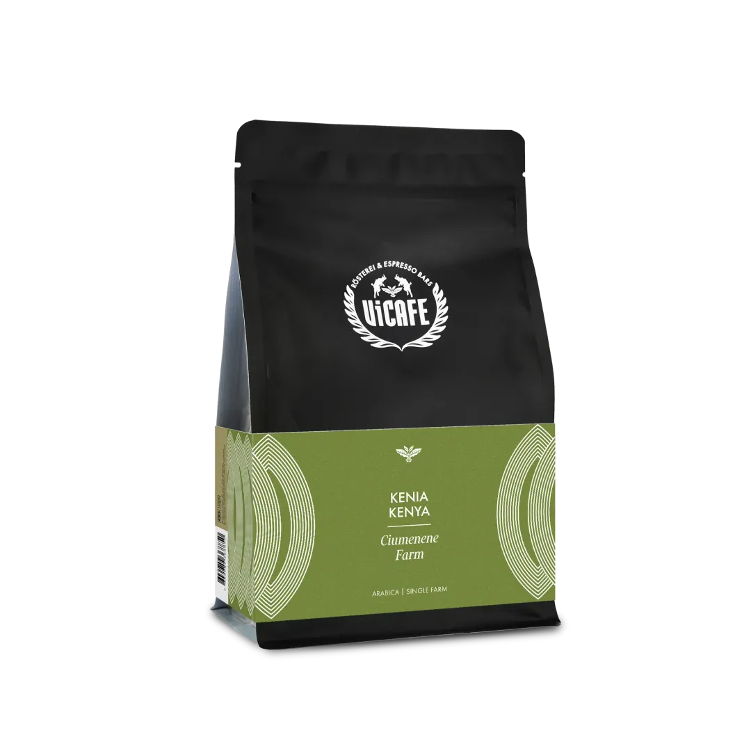 ViCAFE Kenia Ciumenene Farm Spezialitätenkaffee in schwarzer Packung mit gruenem Etikett