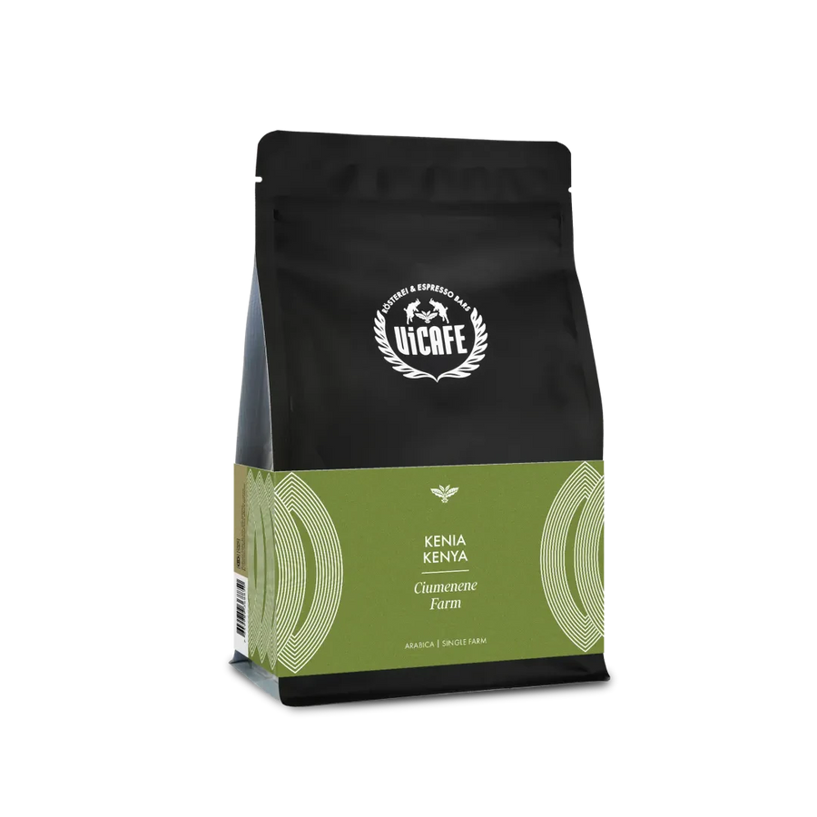 ViCAFE Kenia Ciumenene Farm Spezialitätenkaffee in schwarzer Packung mit gruenem Etikett