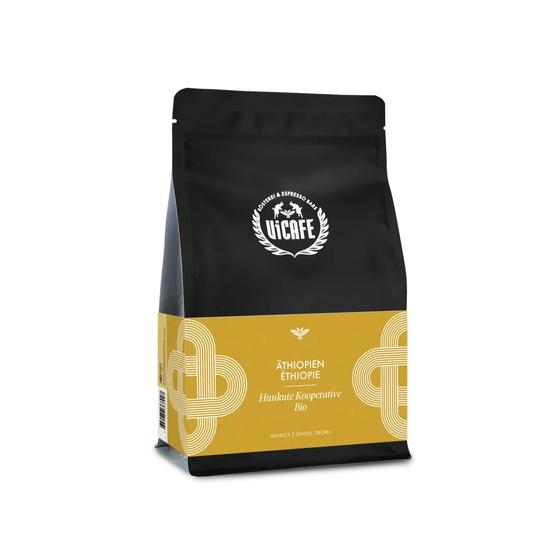 ViCAFE Aethiopien Hunkute Kooperative Bio Spezialitätenkaffee in schwarzer Packung mit gelbem Etikett