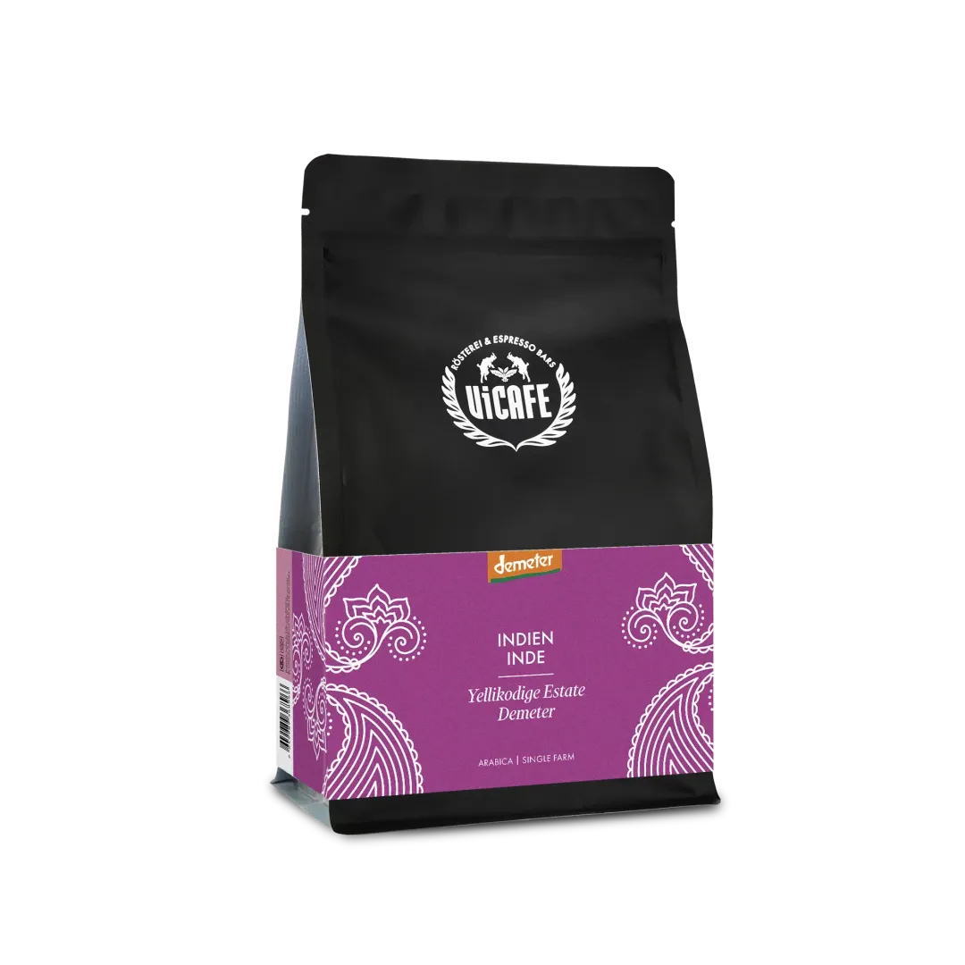ViCAFE Indien Yellikodige Estate Demeter zertifizierter Bio Spezialitätenkaffee in schwarzer Packung mit violettem Etikett