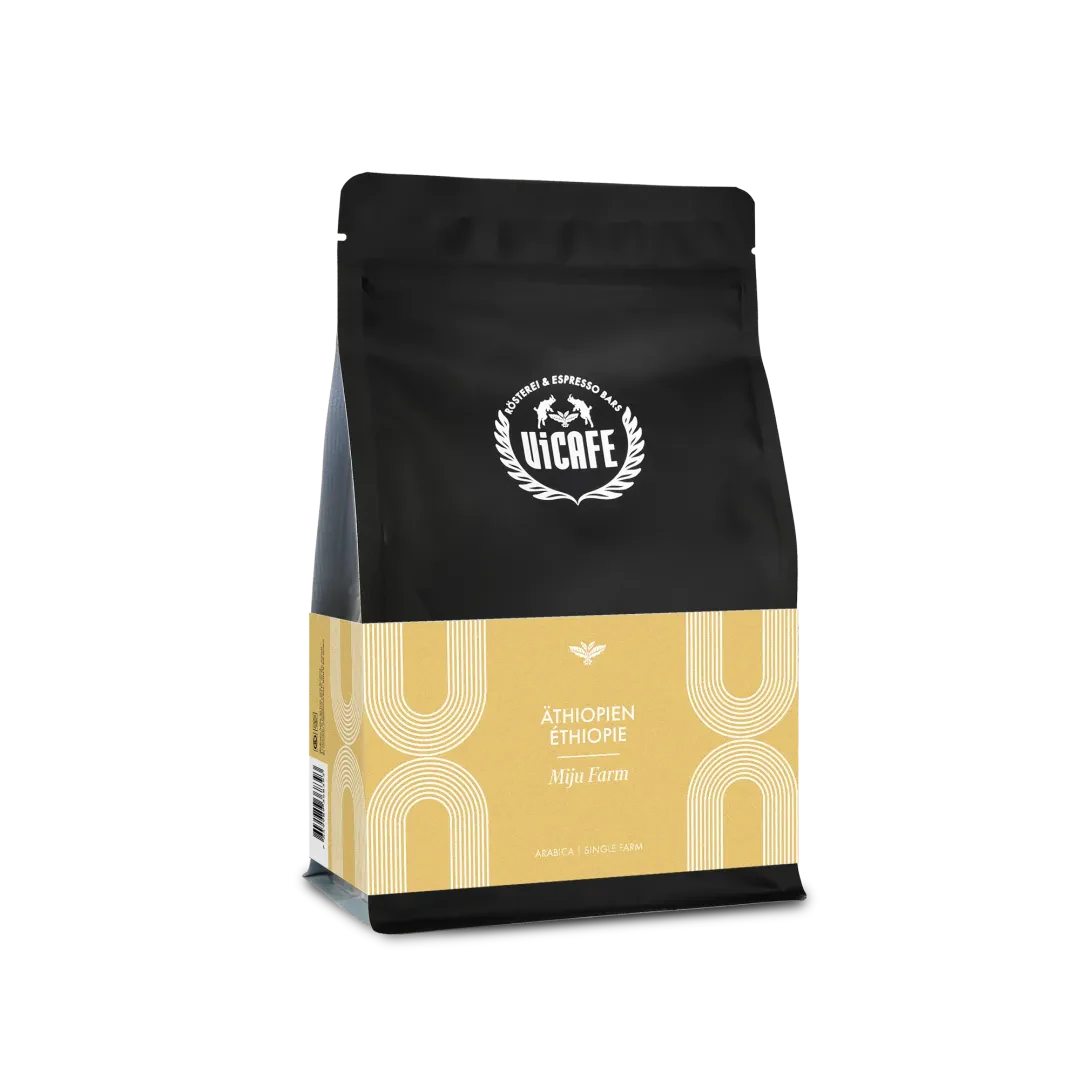 ViCAFE Aethiopien Miju Farm Spezialitätenkaffee Single Farm in schwarzer Packung mit gelbem Etikett