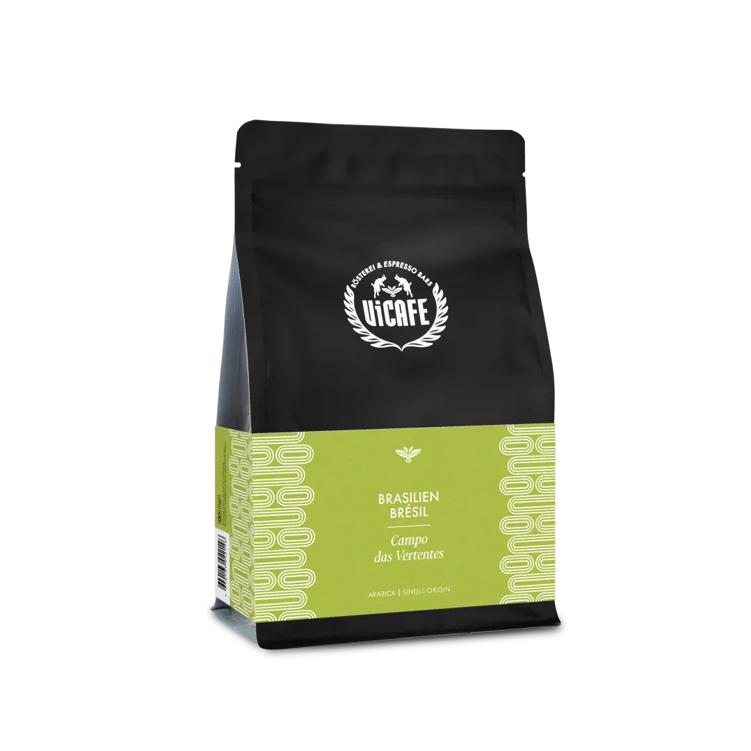 ViCAFE Brasilien Campo das Vertentes Spezialitätenkaffee in schwarzer Packung mit gruenem Etikett