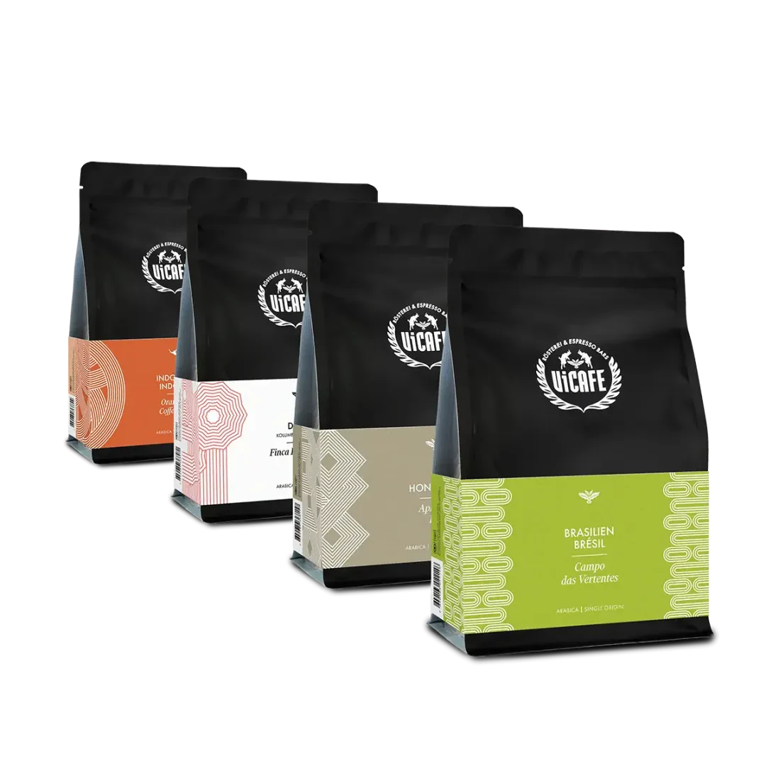 ViCAFE Single Origin Kaffee Bundle mit Brasilien Campo das Vertentes Honduras Aprolma Indonesien Orang Utan und Kolumbien Los Nogales koffeinfrei Spezialitätenkaffee