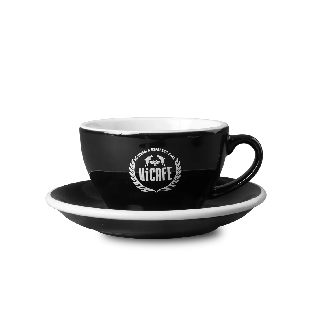 Loveramics Cappuccino Tasse mit Untertasse in Schwarz mit ViCAFE Logo