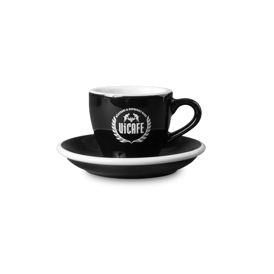 Loveramics Espresso Tasse mit Untertasse in Schwarz mit ViCAFE Logo