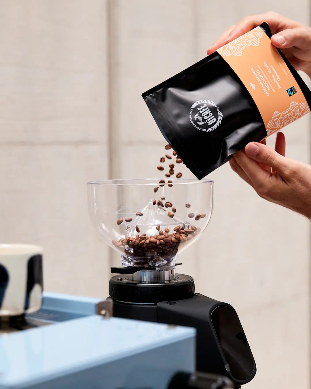 Person pouring fresh coffee beans from a bag into a grinder with a neutral background