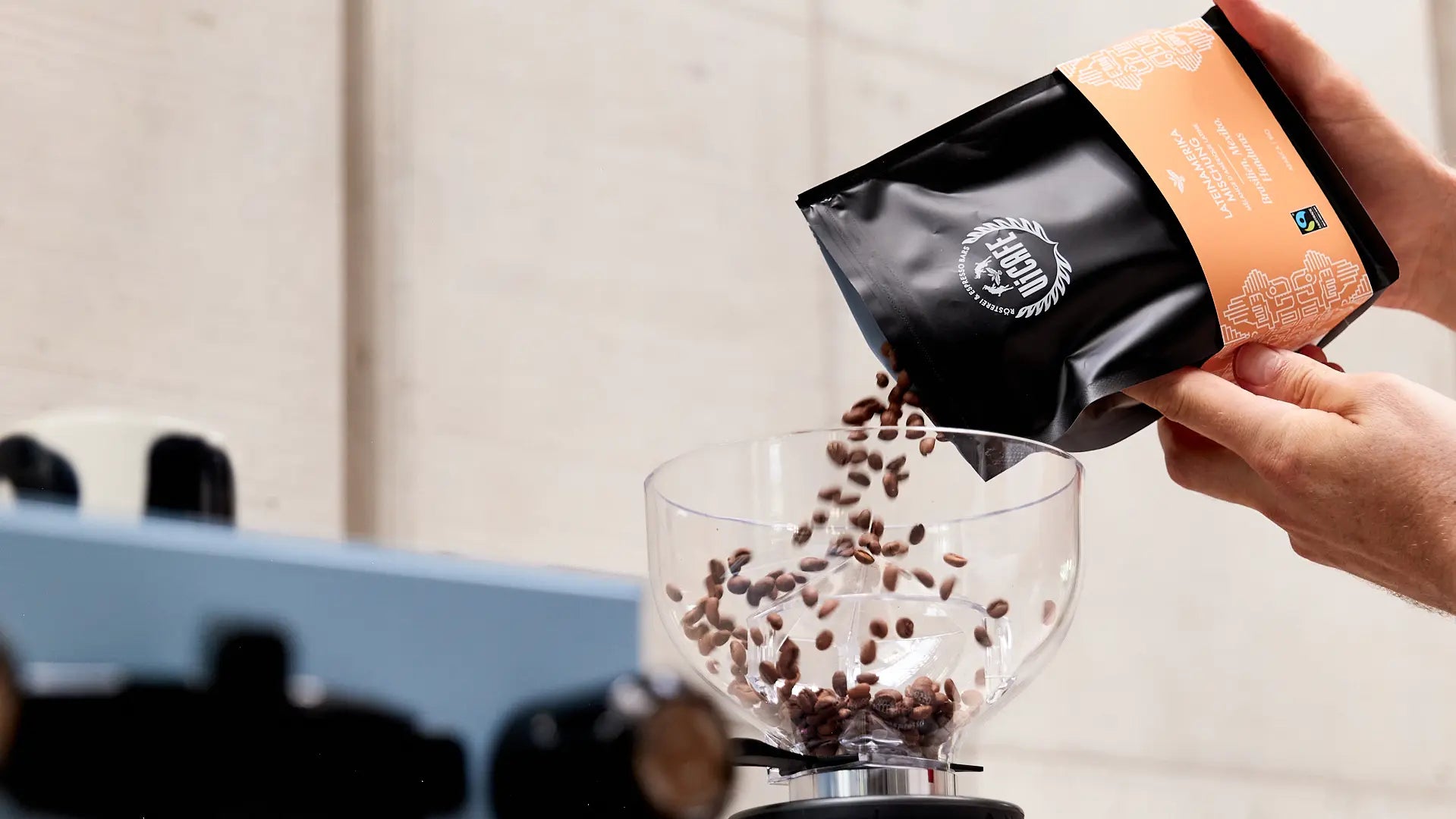 Hand pouring fresh specialty coffee beans in grinder